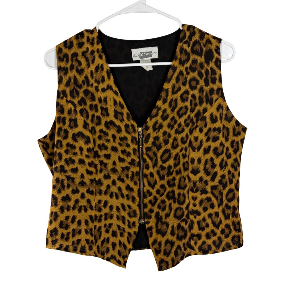 E.K. Designs Leopard Print Zip Up Vest Brown Tan Animal Print Sleeveless Top